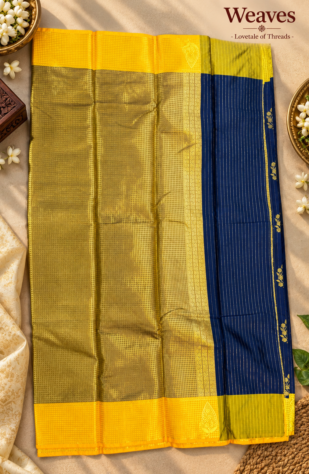 Folded blue and gold soft silk saree showing floral motifs and gold border
