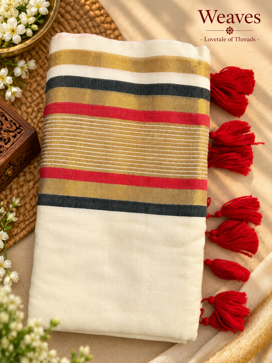 Cream mul cotton saree with red, black, and mustard-toned stripes and red tassels