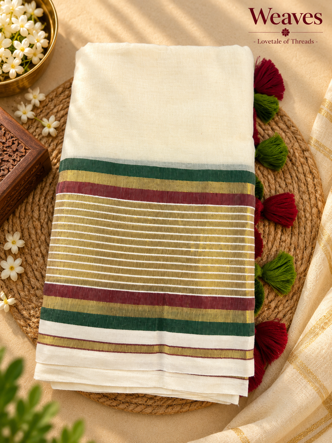 Cream mul cotton saree with green, maroon, and gold-toned stripes, styled with colourful tassels