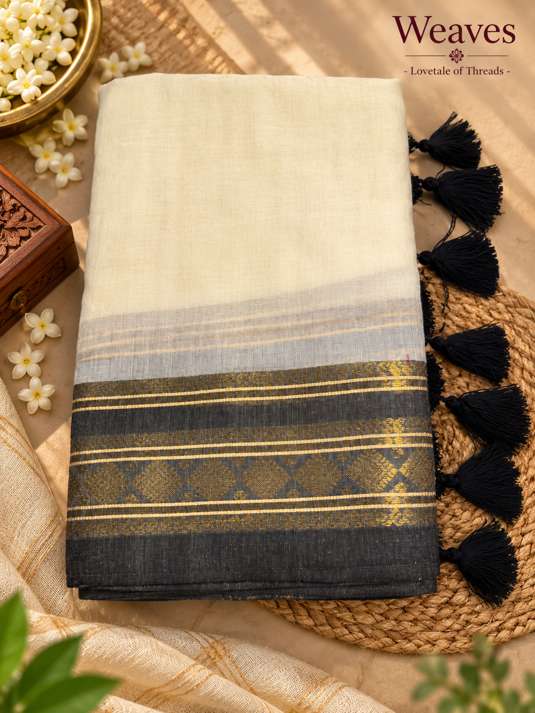 Cream mul cotton saree with charcoal-black and gold-toned geometric border and black tassels