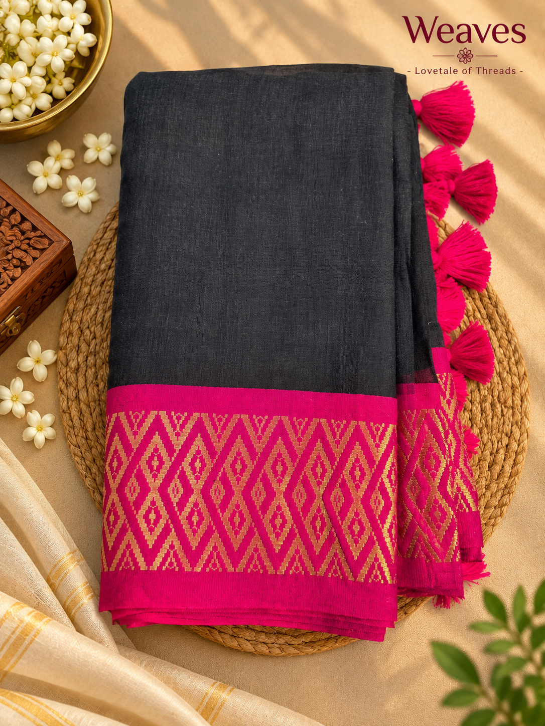 Black mul cotton saree with vivid magenta and gold-toned geometric border and bright magenta tassels