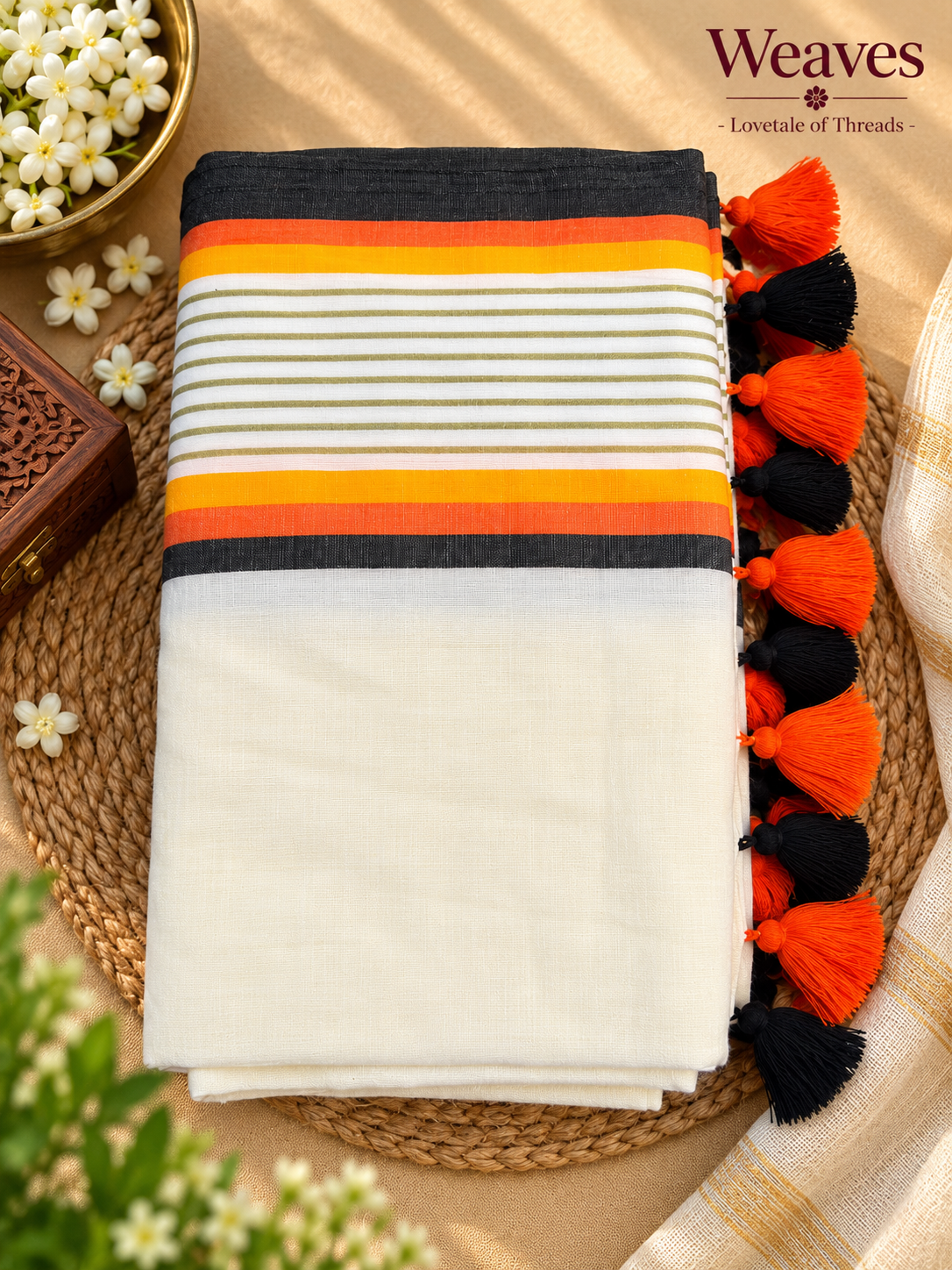 Off-white mul cotton saree with black, orange, mustard, and muted stripes and orange and black tassels