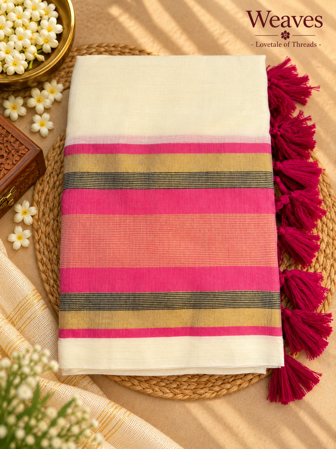 Off-white mul cotton saree with pink, mustard-gold-toned, and black stripes and matching magenta tassels