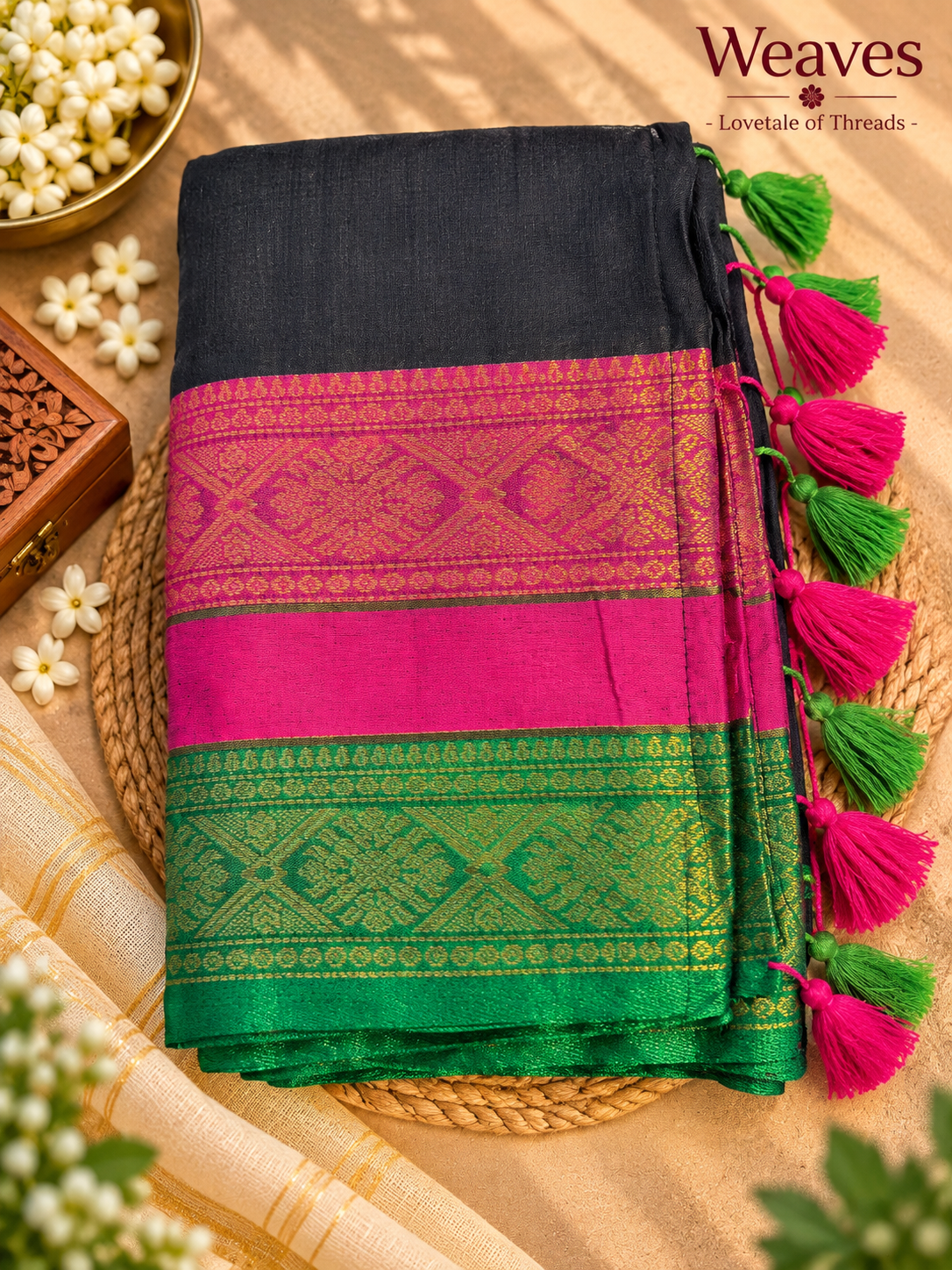 Black mul cotton saree with magenta and green border, gold-toned pattern detailing, and pink and green tassels