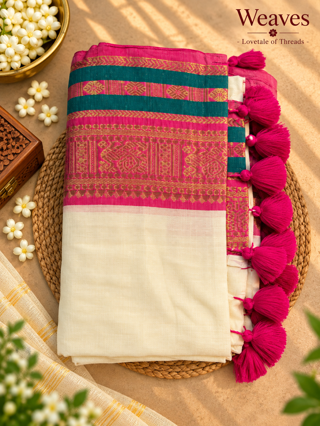 Off-white mul cotton saree with magenta and teal border, gold-toned pattern detailing, and magenta tassels
