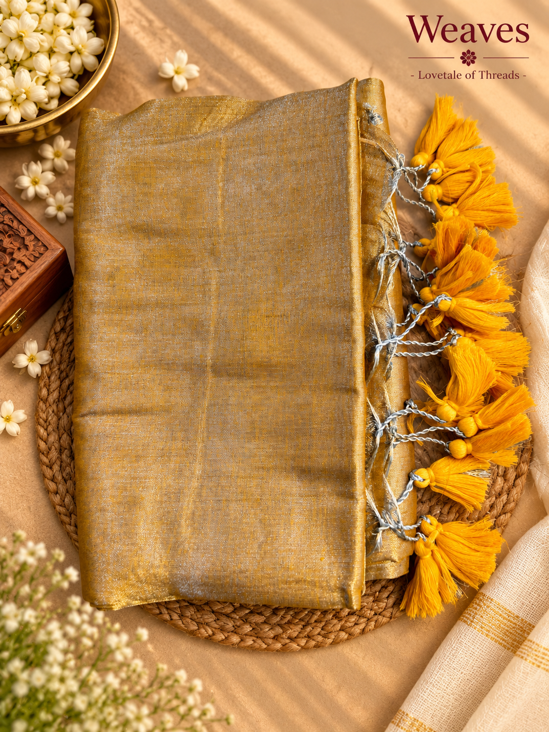 Gold-toned mul cotton saree with mustard tassels and silver-toned cord accents
