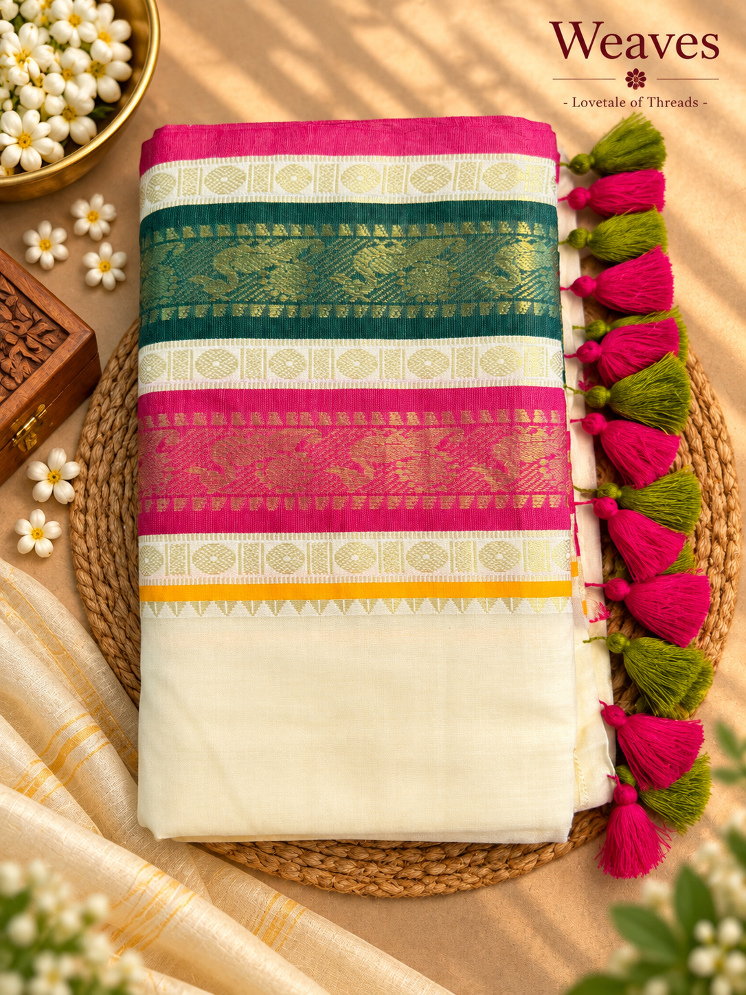 Pink, green and cream mul cotton saree with woven borders and colourful tassels