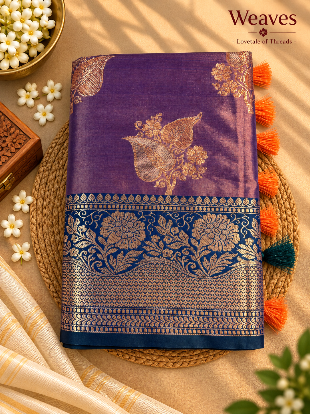 Mauve semi katan silk saree with blue border, gold motifs, and tassel detailing