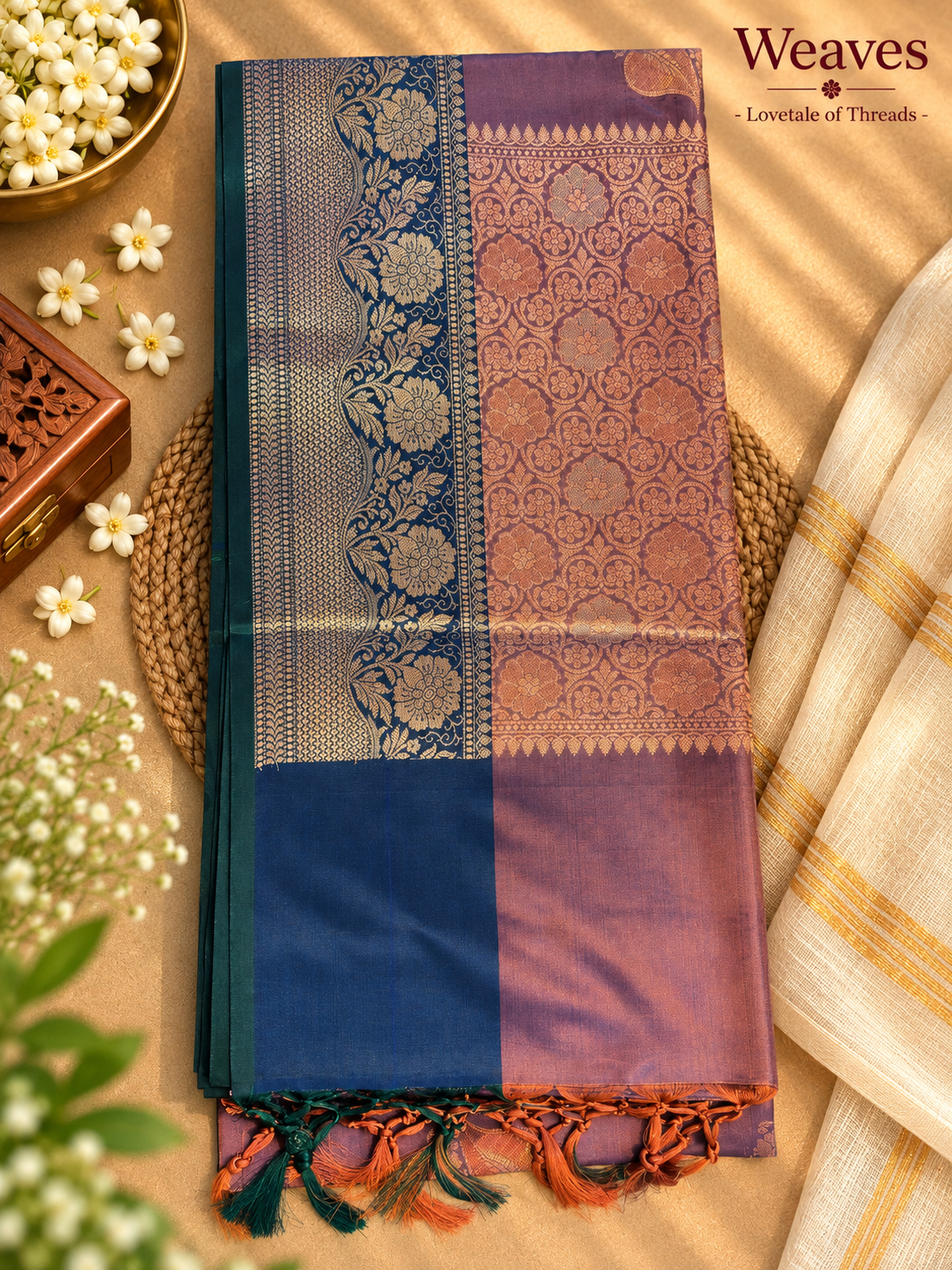 Folded mauve and blue semi katan silk saree with gold floral pallu and tassels