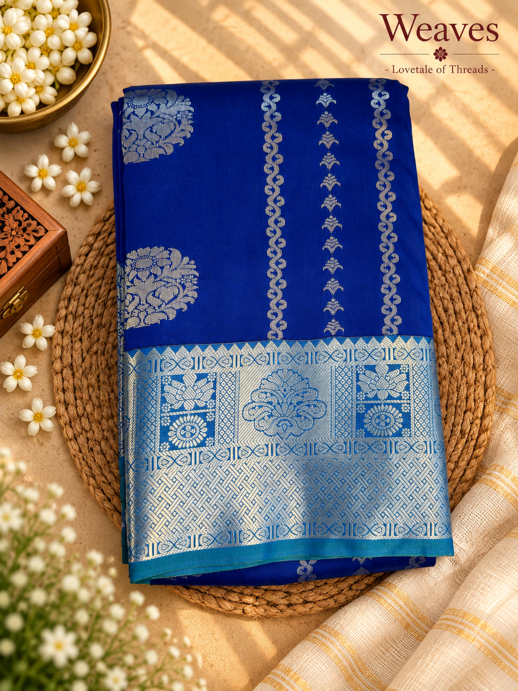 Royal blue soft silk tissue saree with floral woven motifs and patterned border