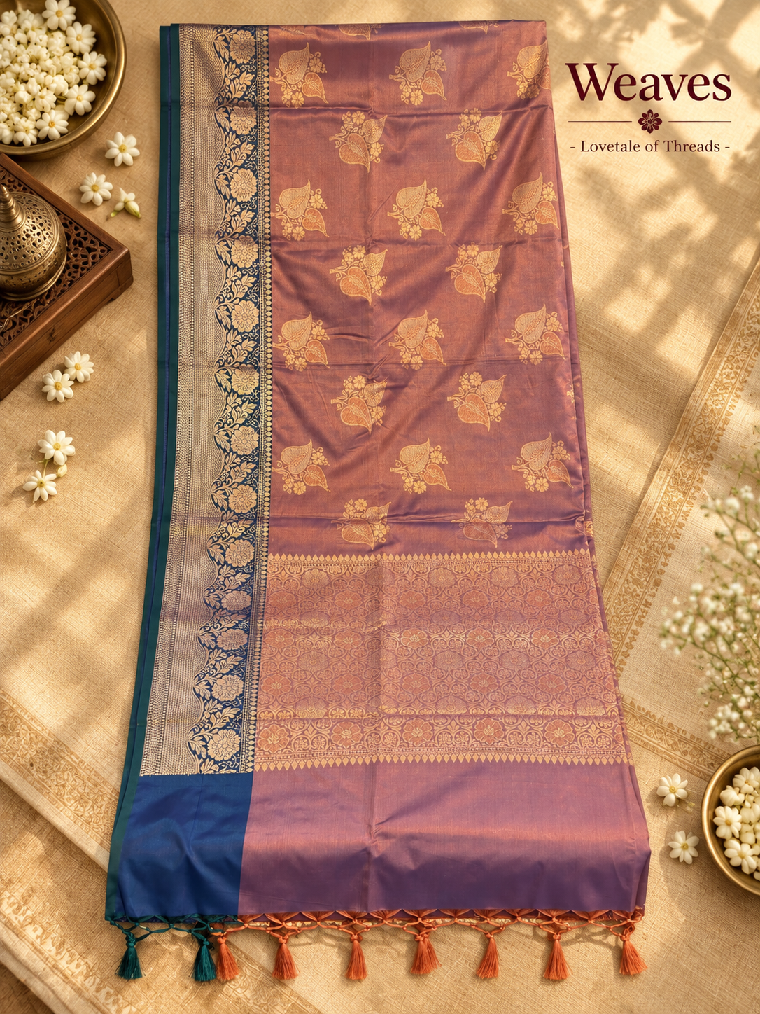 Semi katan silk saree showing mauve body, blue border, gold woven motifs, and tassels
