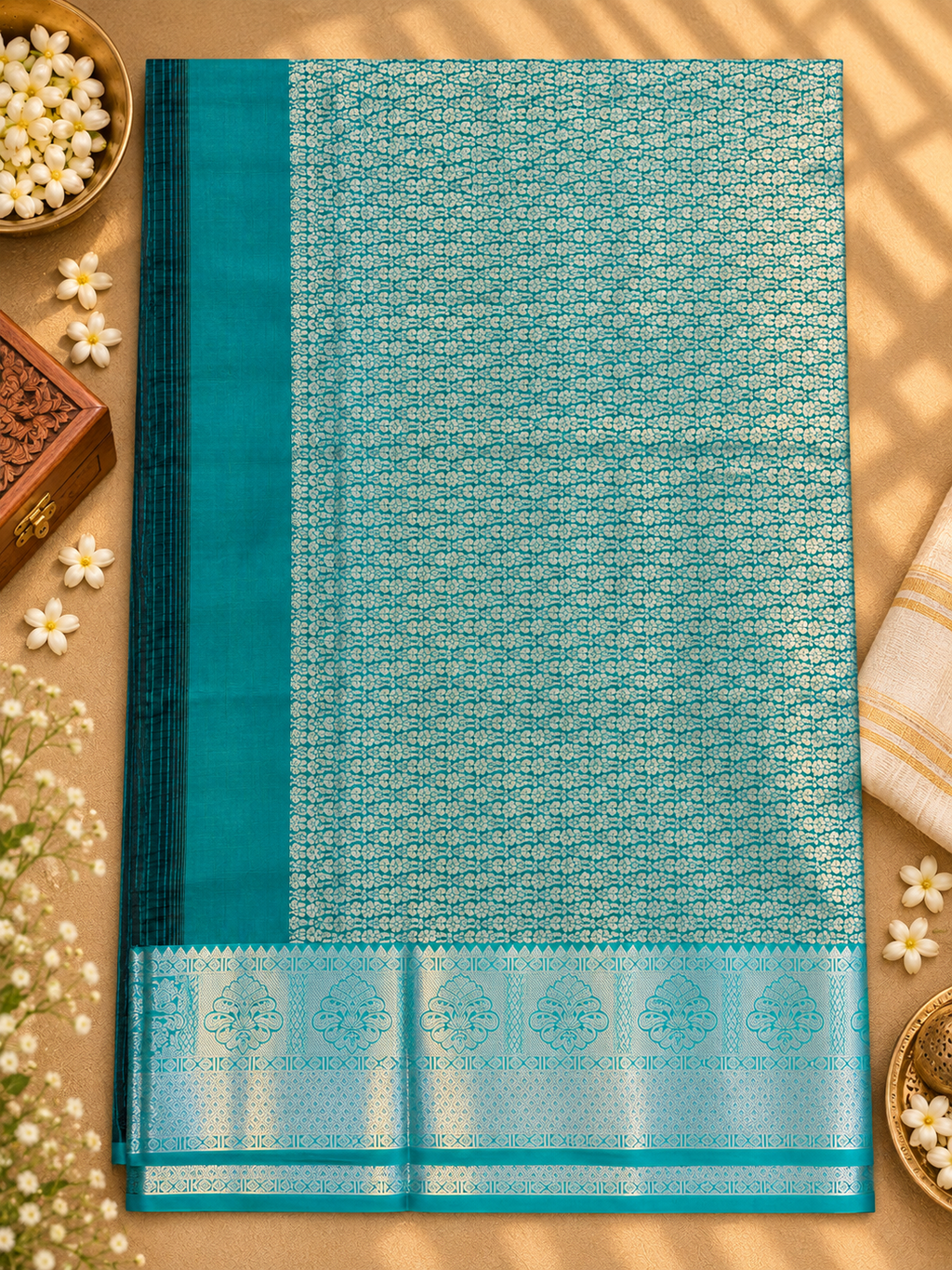 Teal soft silk tissue saree with intricate woven motifs and floral border