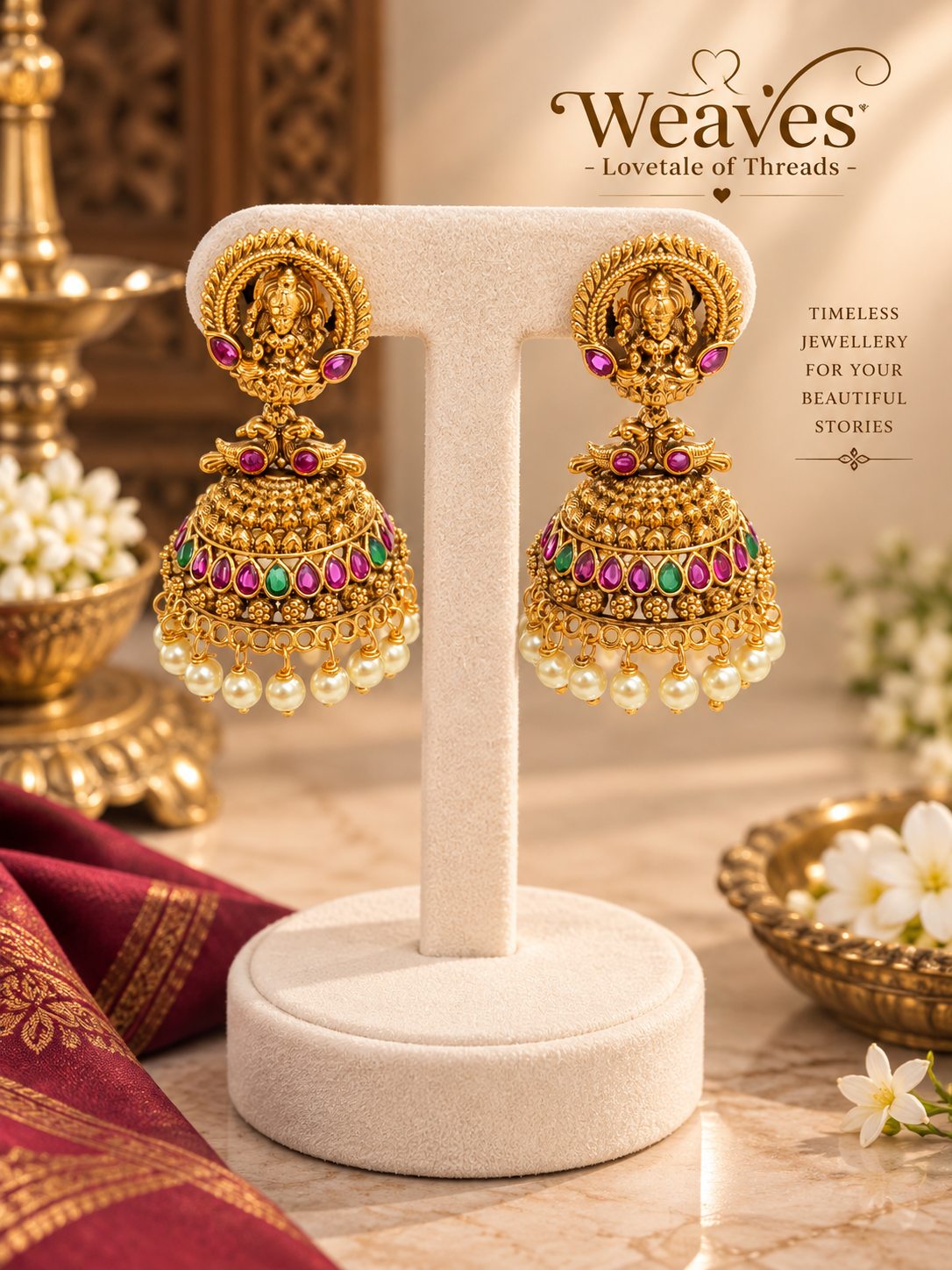Multi-colour Lakshmi Kemp Stone Jhumka Earrings with Pearl Drops