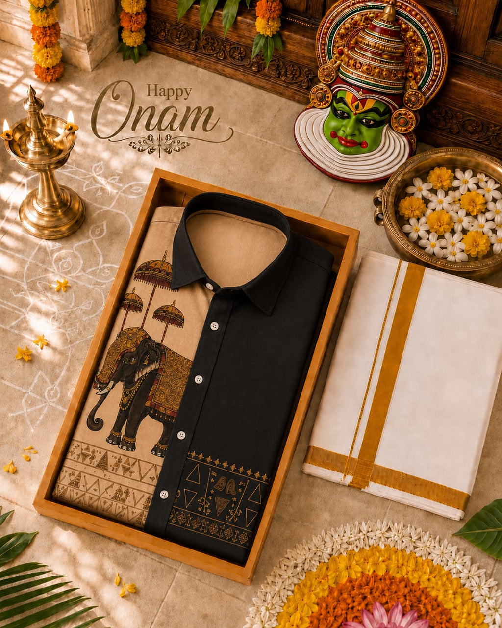 Onam Elephant Print Half Sleeve Shirt with Traditional Mundu