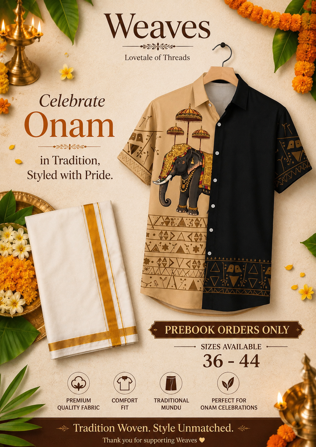 Onam Elephant Print Half Sleeve Shirt with Traditional Mundu