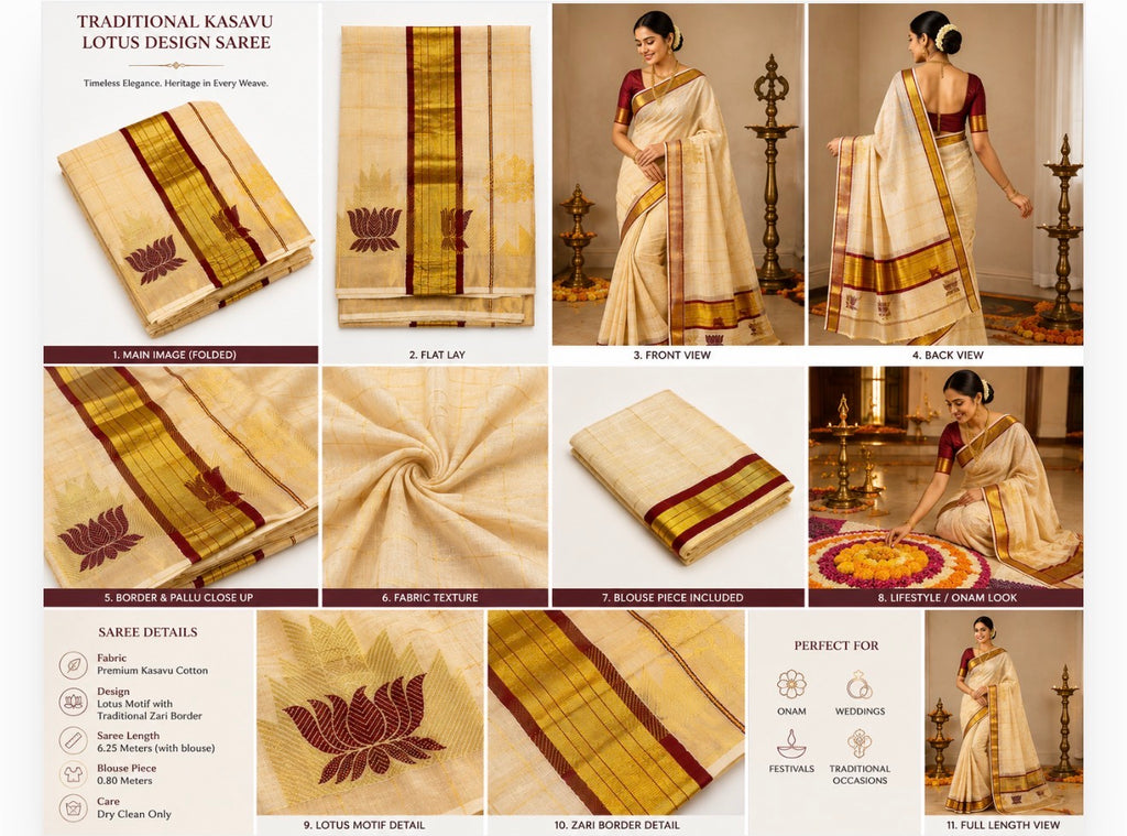 Gold Stripe Kasavu Saree - Black Border
