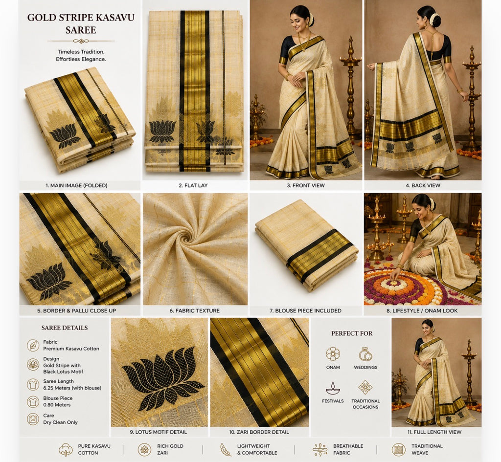 Traditional Kasavu Lotus Design Saree - Maroon Border
