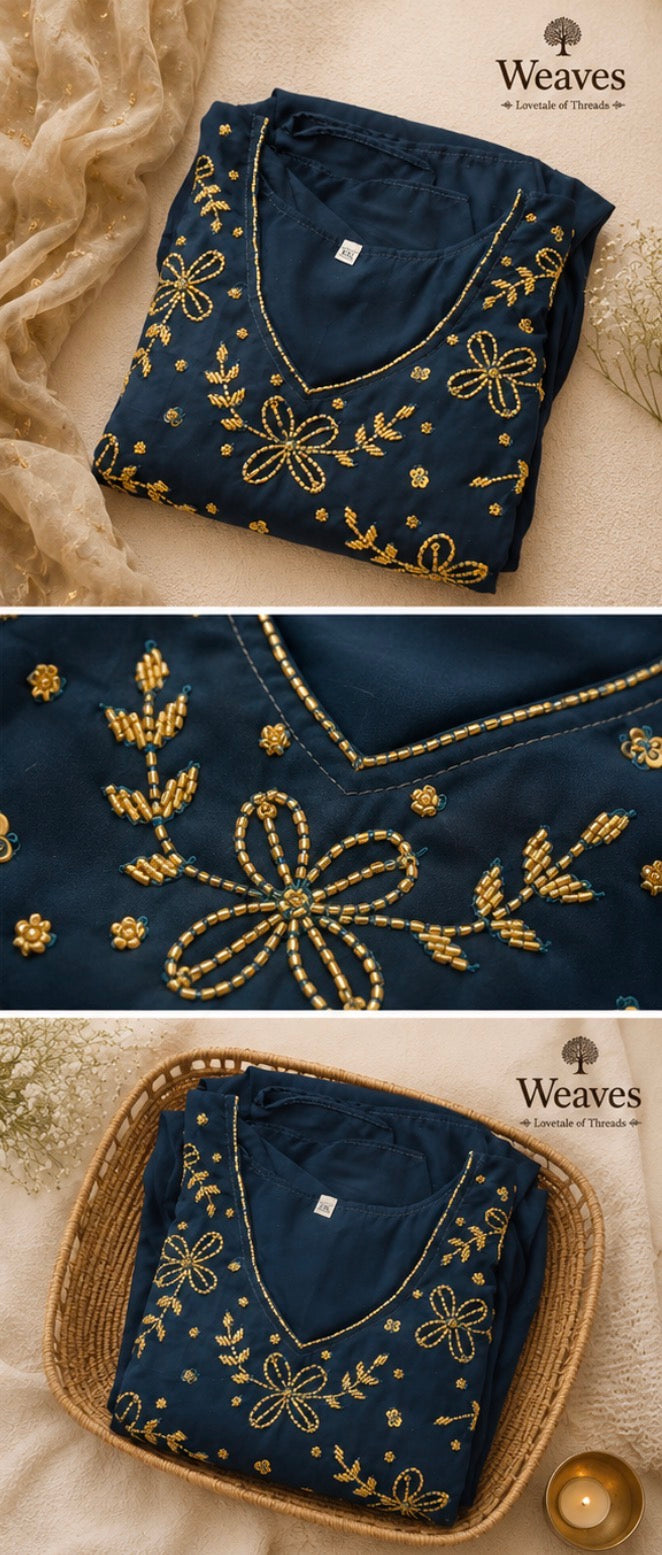 Georgette Umbrella Top in navy blue with gold bead embroidery, three-panel view