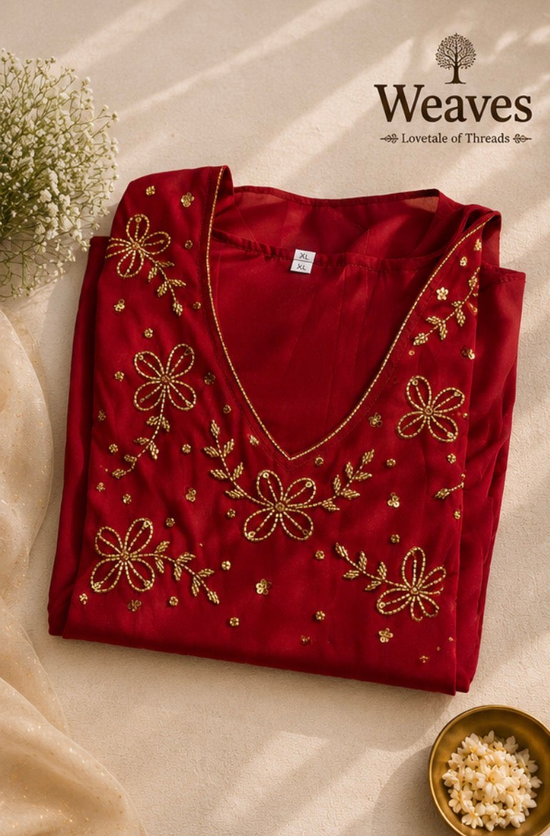 Georgette Umbrella Top in crimson red with gold bead floral embroidery, flat lay