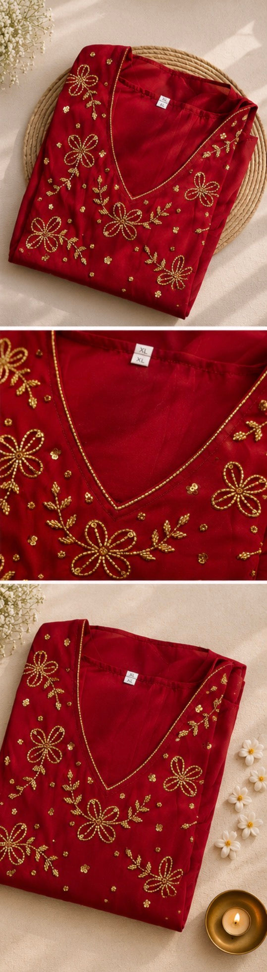 Georgette Umbrella Top in crimson red with gold embroidery, three-panel detail view