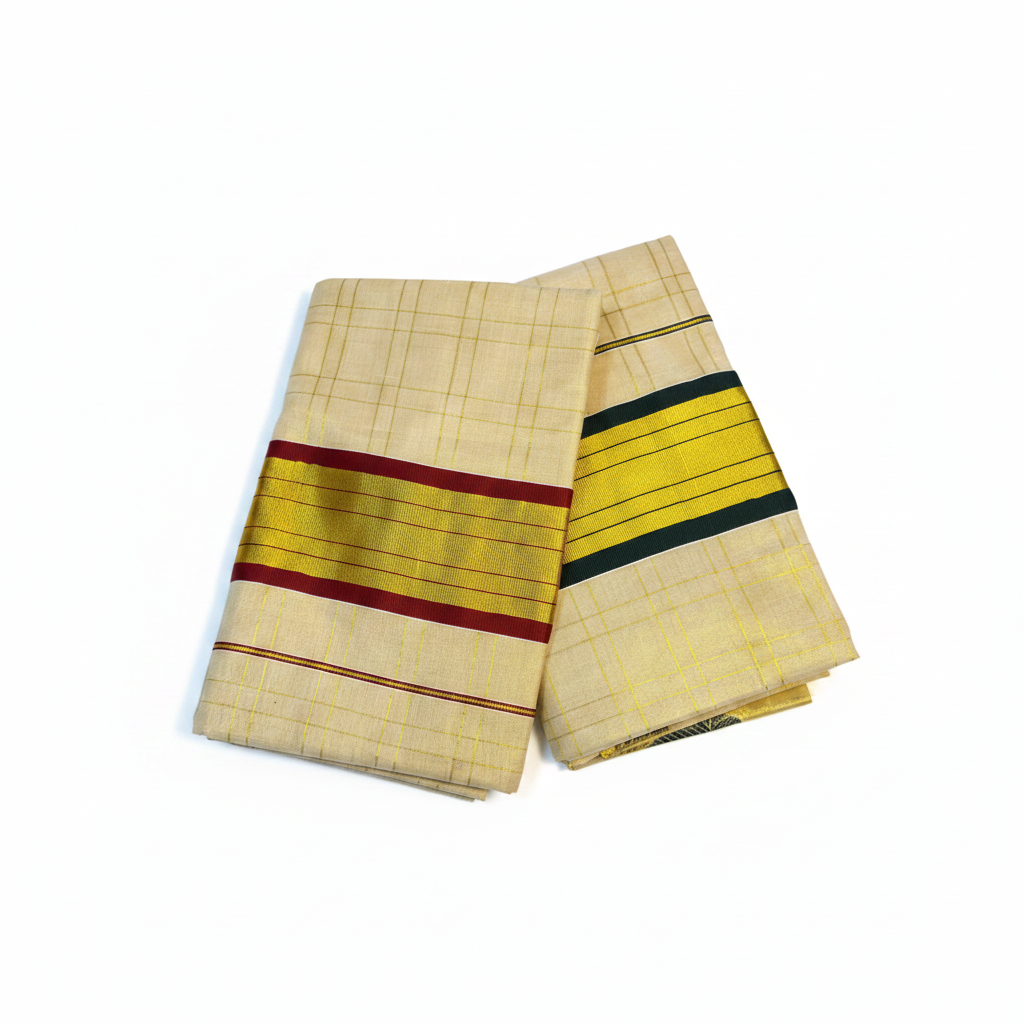Kerala Kasavu Saree - Both Variants on White Background