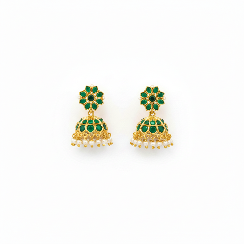 Green Stone Kemp Jhumka Earrings